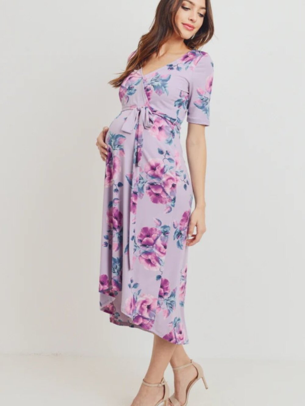 Floral High Low Faux Wrap Maternity & Nursing Dress - Lavender Size M - Picture 2 of 16